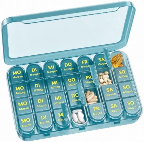 Daviky Tablettenbox 7 Tage 4 Fächer - Leicht öffnbare Tablettenbox | Auffälliges Etikett, Fest schließender Deckel, Große Kapazität, Ausreichend Platz, Schickes Design, Abnehmbar