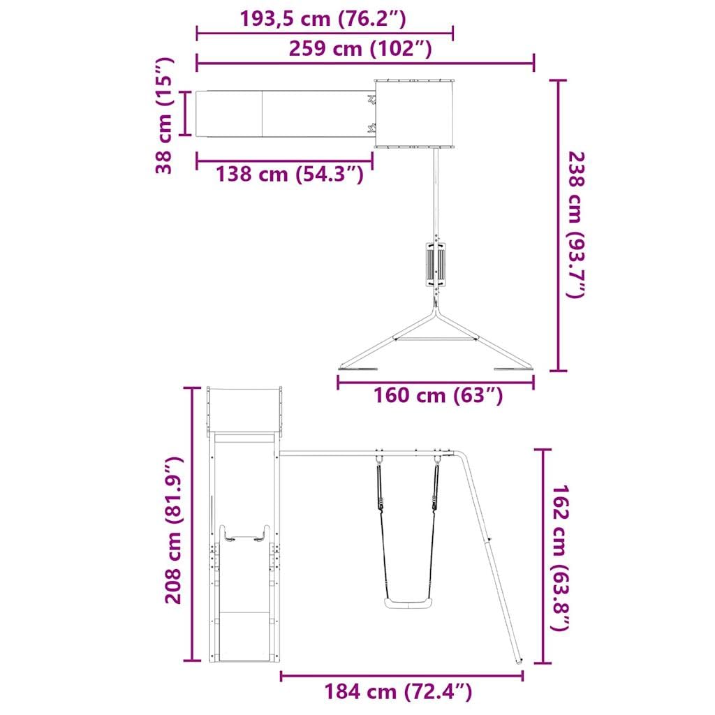 Torre da gioco in legno di pino impregnato con altalena, scivolo ondulato, sabbiera e struttura da arrampicata per bambini in giardino, stabile casetta per esterni con sedile, corda e trapezio