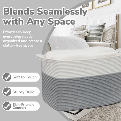 Image of Goodpick 105L Extra Large Woven Blanket Basket Cotton Rope Storage Baskets for Organizing, Rectangle Baby Laundry Basket for Living Room Home Decor, 25 inchx16 inchx16 inch, White & Gray