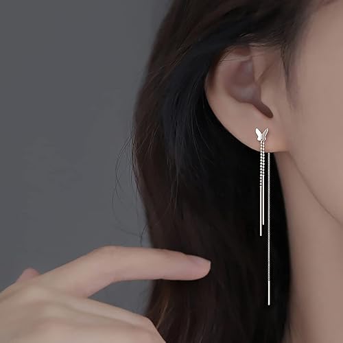 Miniatura 2 de SLUYNZ Aretes colgantes de mariposa de plata de ley 925 para mujeres, adolescentes, aretes colgantes de mariposa, aretes de enhebrador, cadena de