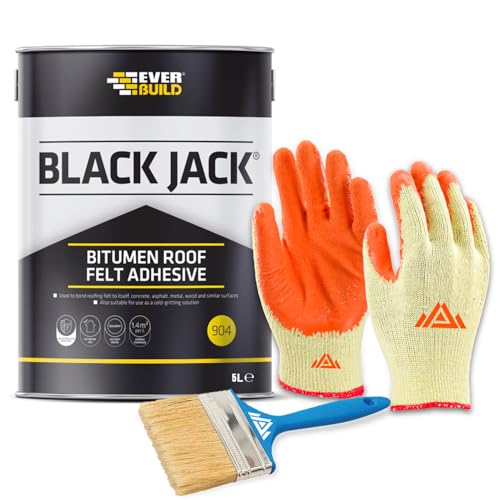 Perfectonish Black Jack 904 Bitumen Roof Felt Adhesive High Bond Strength Roofing Bond Weather Proof Roof Sealant With Brush and Protective Gloves (5-Litres)