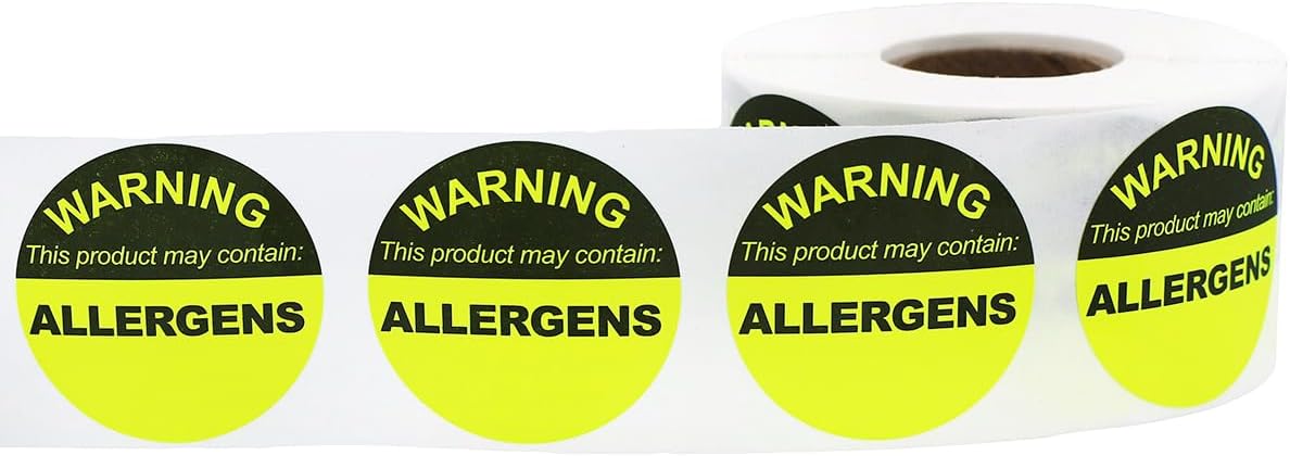 Allergen Warning Food Stickers Fluorescent Yellow, 1.5 Inch Round Circle Adhesive Labels, 500 Allergy Warning Stickers Per Roll for Food Prep, Restaurants, Kitchens – Made in the USA