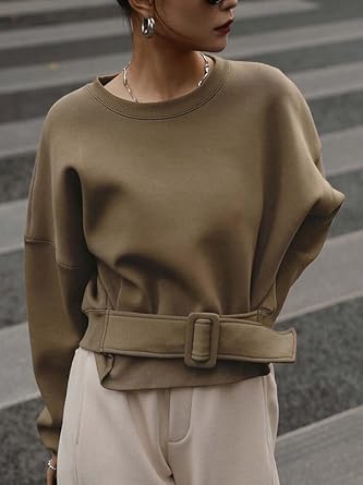 UOOZEE Women's Buckle Belted Oversized Sweatshirt Long Sleeve Crewneck Tie Waist Pullover Tops Fall Winter Casual Street Wear