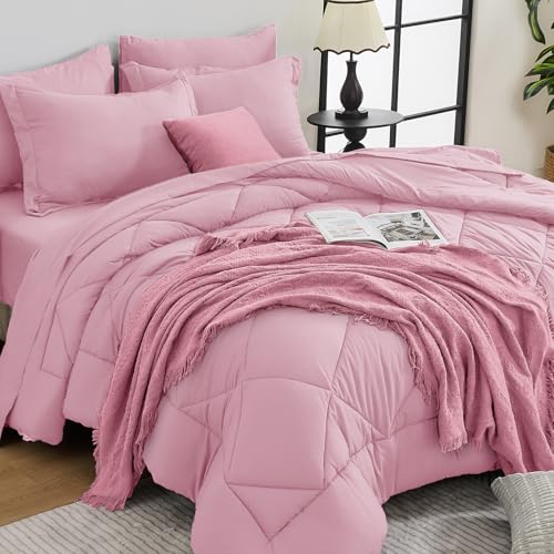 HEVUMYI Pink Full Comforter Set - 7-Piece All Season Bed in a Bag Full, Ultra Soft Bedding Set with Comforter, Flat Sheet, Fitted Sheet, Pillowcases, Pillow Shams, Pink