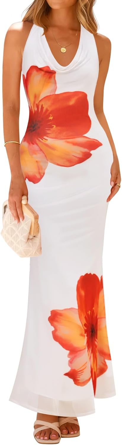 ZESICA Women's 2026 Summer Halter Neck Floral Print Maxi Dress Sleeveless Backless Wedding Guest Party Bodycon Long Dresses