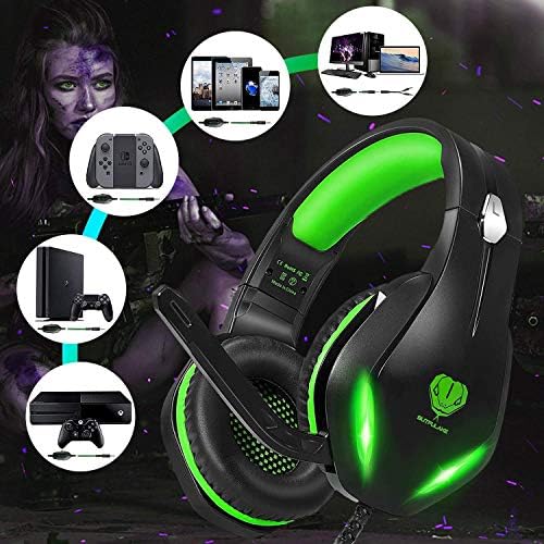 Stereo Gaming Headset with Microphone for PS5 PS4,Nintendo Switch,Xbox One,Laptops,PC,Phones, Noise Cancelling Over Ear Headphone with Mic & LED Light, 50mm Drivers, 3.5mm Audio Jacks (Black Green)