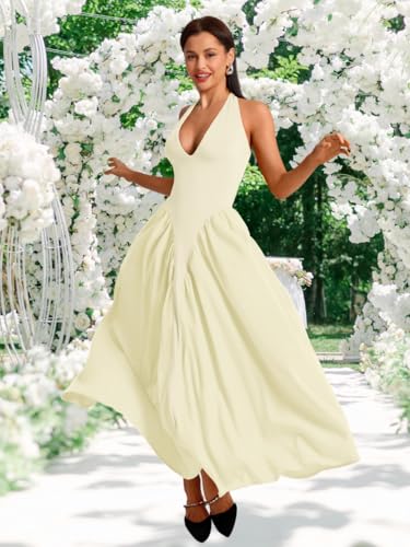 Image of ChiaoLezhee Deep V Neck Dress, Halter Maxi Dresses, Vacation Date Night, Sexy for Women Corset Flowy Wedding Guest Drop Waist