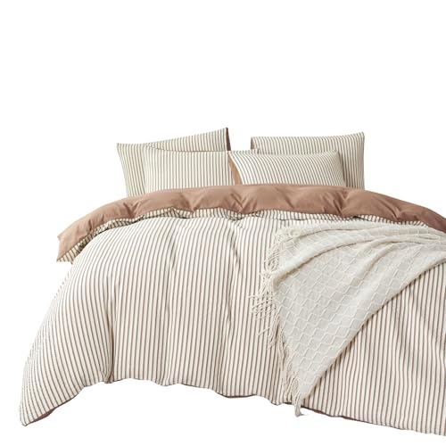 Striped Duvet Cover King Dark Brown Washed Microfiber Jacquard 3 Pieces Bedding White Brown Vertical Ticking Stripes Pattern Comforter Cover with Zipper Closure Breathable Durable Soft Comfy by TISPLR - Used condition - Image 2