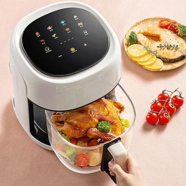 Silver Crest QF-306B1 Air Fryer with cooking basket pulled out, showing cooked chicken and vegetables