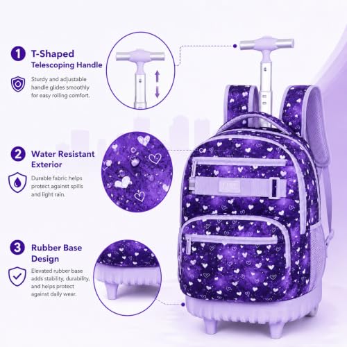 Image of 3Pcs Rolling Backpack for Girls Teens, 19 inch Wheeled Backpack with Lunch Box, Polka Dots Travel Roller Backpack for Women College Students (Purple)