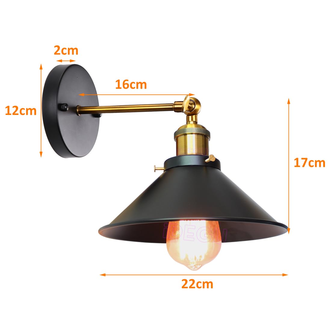 iDEGU Wandleuchte Industrielle Vintage Wandlampe Deckenleuchte Edison-Stil Metall Retro Lampe mit 180° Drehung E27 Fassung, 22 cm Lampenschirm (4x Schwarz)
