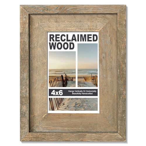 Rustic 4x6 Picture Frame, Reclaimed Barnwood Photo Frame with HD Tempered Glass, Distressed Family Gallery Corner, Horizontal and Vertical Wall Mounting & Table-top Display with Hardware, Set of 1