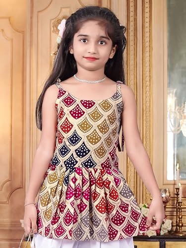 Image of Girls Ethnic Printed Peplum Top and White Dhoti Pant Set | Stylish Sleeveless Kurti with Comfortable Bottom | Traditional Festive Outfit for Kids