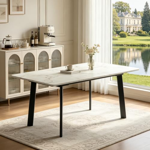 Image of Modern 47.2 inch-63 inch Extendable Rectangular Dining Table, White | Removable Extension Leaf, Durable MDF Tabletop, Accommodates 4-8 Guests, Great for Dining Room Small Kitchen & Dinner Spaces