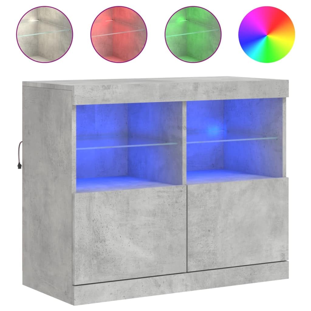 Buffet avec lumières LED, gris béton, 81 x 37 x 67 cm, buffet avec espace de rangement, pour salon, cuisine, salle à manger, éclairage RVB