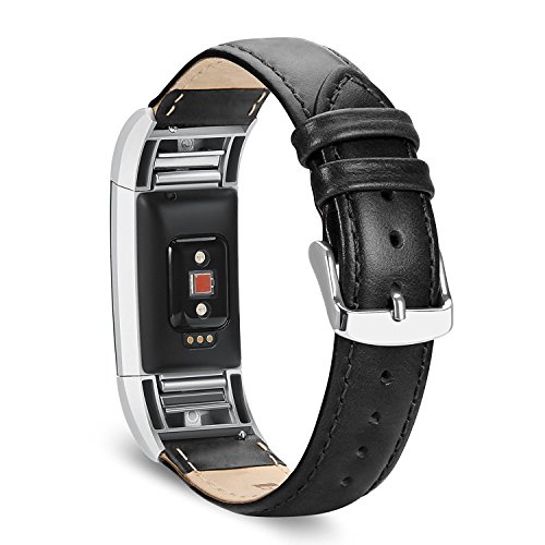 Fitbit Charge 2 Bands, Benuo Genuine Leather Replacements, Premium Wristbands with Sturdy Adapter and Metal Buckle for Fitbit Charge 2 (Black)
