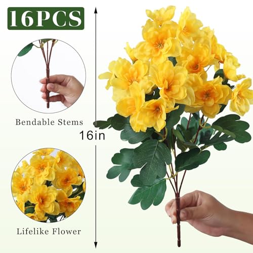 Image of 16 Bundles 16 inch Artificial Azalea Flower Bouquet for Front Door(Yellow) | Fake Resistant Silk Flower Branches, for Farmhouse Garden Patio Front Porch Spring Summer Outside Decor