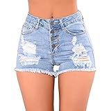 De feuilles Jeansshorts Dame Denim Hose Kurz Sommer Teenager Mädchen Stretch Jeanshose Zerrissen Roher Saum Hohe Taille Vorne mit ４ Knöpfe blau