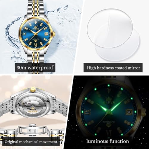 Image of OLEVS Automatic Watches for Women Self Winding Luxury Diamond Ladies Watch | Women's Gold Mechanical Wrist Watch, Date Waterproof, Original Import Dress Gift,Reloj Para Mujer