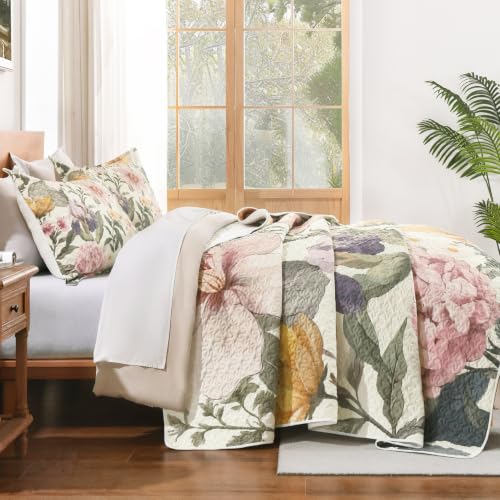 Image of Andency Floral Boho Quilt King Size Bedding Set Beige Blush, 3 Pieces Farmhouse Colorful Flower Botanical Summer Bedspreads with 2 Shams, Soft Reversible Lightweight Coverlet Set All Season, 106 inchx96 inch