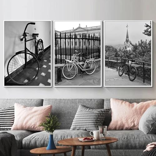 Impression sur toile vélo vintage grand format décoration murale rétro noir et blanc lot de 3