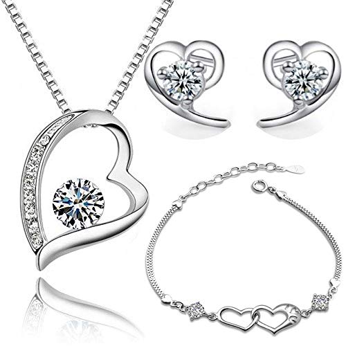 Preisvergleich Produktbild Herz Schmuck-Set mit Weiß Österreichische Zirkonia Kristalle Halskette Anhänger 45 cm Ohrstecker Ohrringe Armband 18 kt Weiß Vergoldet