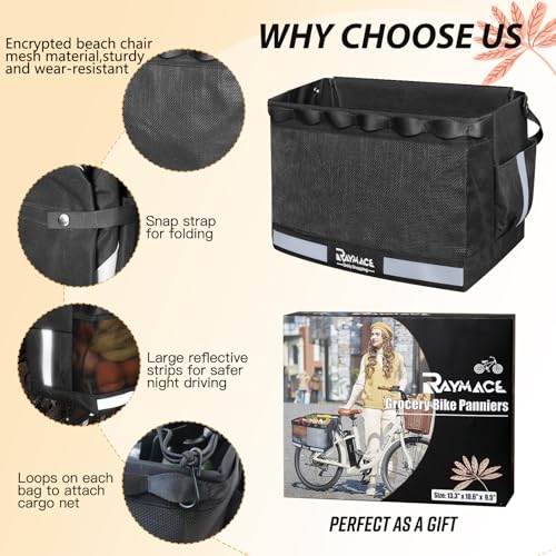 RAYMACE 2Pack Bike Grocery Panniers for Bicycles and Ebikes,Bike Rack Bags with Reflective Spots and Side Pockets,Folding Bike Basket Fits for Most Rear Racks (Black) - Thumbnail 2