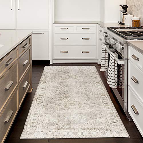 Realife Machine Washable Rug - Stain Resistant, Non-Shed - Eco-Friendly, Non-Slip, Family & Pet Friendly - Made From Premium Recycled Fibers - Vintage Bohemian Medallion - Beige Ivory, 2'6" X 8' #TOP2