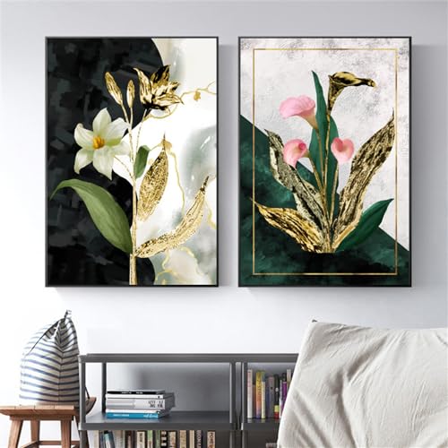 Tableau abstrait fleurs dorées pour salon et chambre moderne 40x60cm