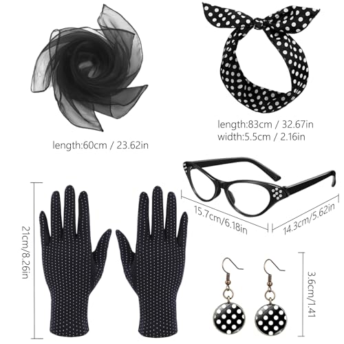 Makoto Nobu 5 Stücke Rockabilly Accessoires Damen, 50er Jahre Kostüm Damen Vintage Kleidungszubehör, 1950s Kostüm Set mit Chiffon Schal Handschuhe Sonnenbrille Polka Dot Bandana Ohrringe