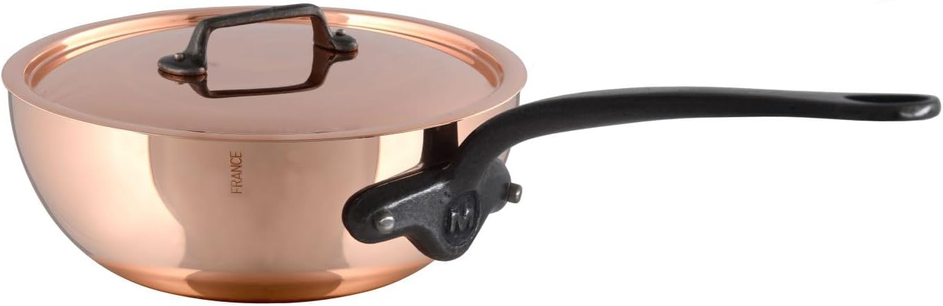 Mauviel M'Heritage M150CI 1.5mm Polished Copper & Stainless Steel Chef Pan With Lid, And Cast Iron Handles, 3.6-qt, Made in France