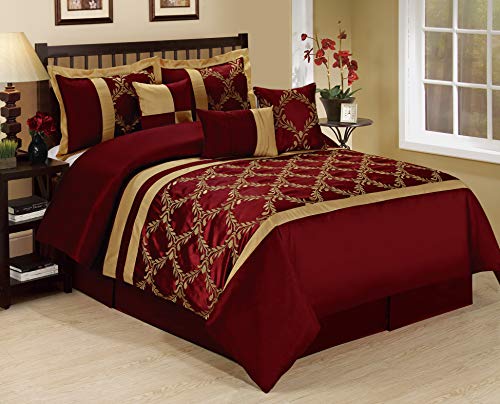 Hig 7 Piece Comforter Set King - Burgundy And Gold Faux Silk Fabric Embroidered - Claremont Bed In A Bag - Breathable And Wrinkle Resistant - 1 Comforter, 2 Shams, 3 Decorative Pillows, 1 Bedskirt #TOP1