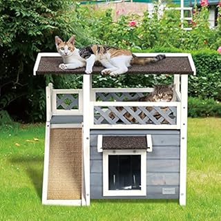 Petsfit Cat Wooden House, Waterproof House Cat Outdoor, Cat Outdoor Shelter with Cat Scratching Pad, Balcony (Grey)