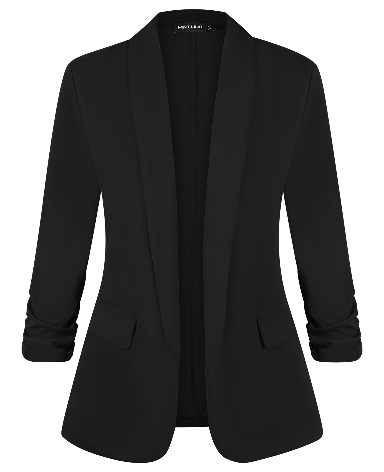 Women's Blazer Suit Open Front Jacket Ruched 3/4 Sleeve Work Office Blazers Shawl Collar Lined Casual Coats with Pockets