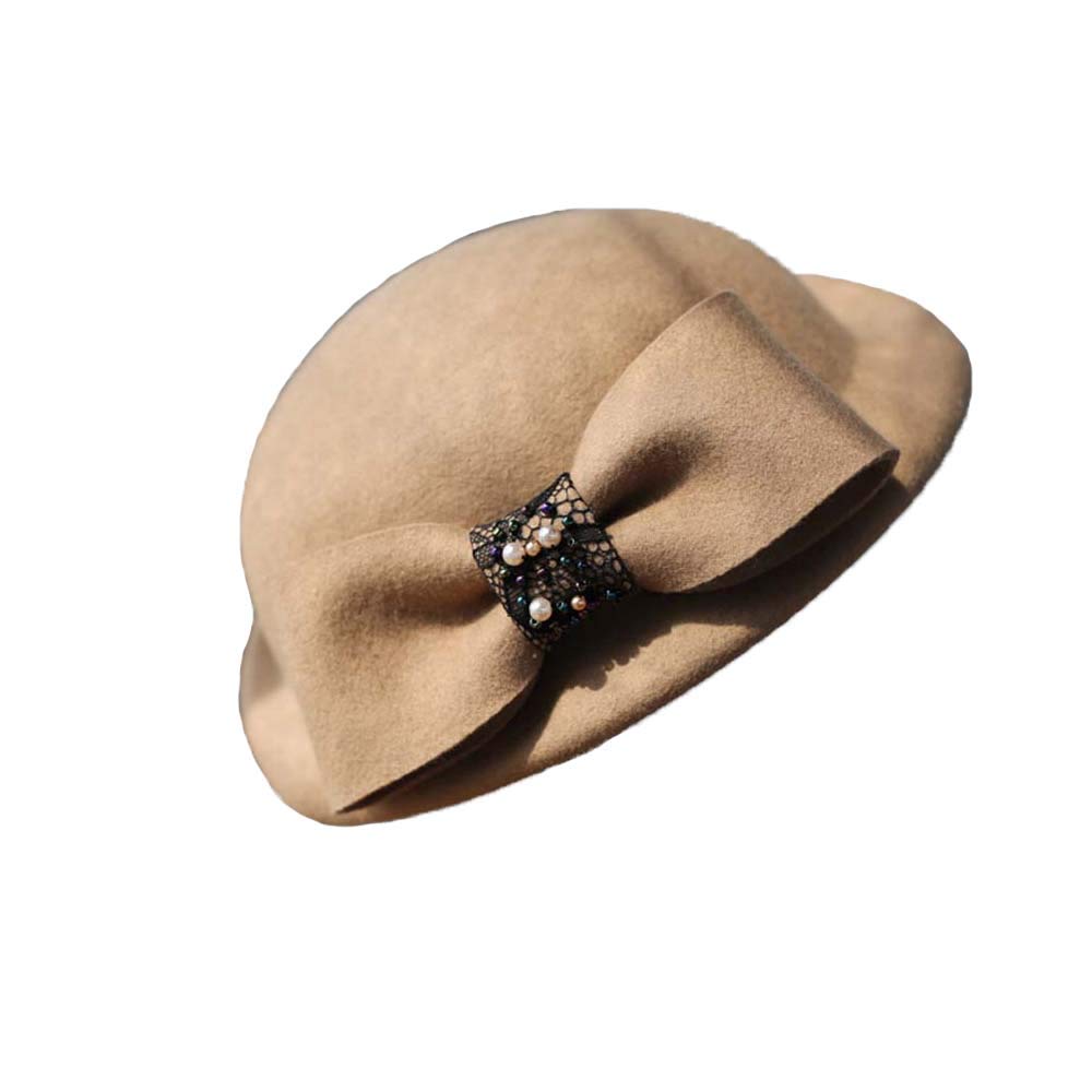 Bonnets casquette béret en laine style français JIA JIA beige uni avec nœud