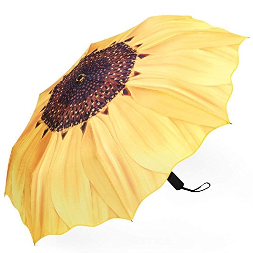 Plemo Automatic Umbrella, Folding Umbrella Windproof with Sunflower Pattern, Anti-Slip Rubberized Grip, 11.5 Inch Compact and Lightweight for Business and Travels, Wedding, Gifts, Yellow