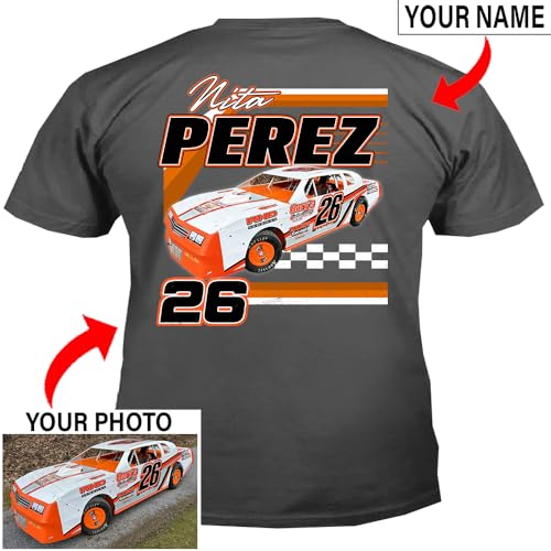 Dirt Track Racing Personalized Photo, Name & Number T-Shirt For Racers, Late Model, Street Stock Modified Car, Funny Racer, Sprint Car, Custom Racing Team (on the back) (BK395)4