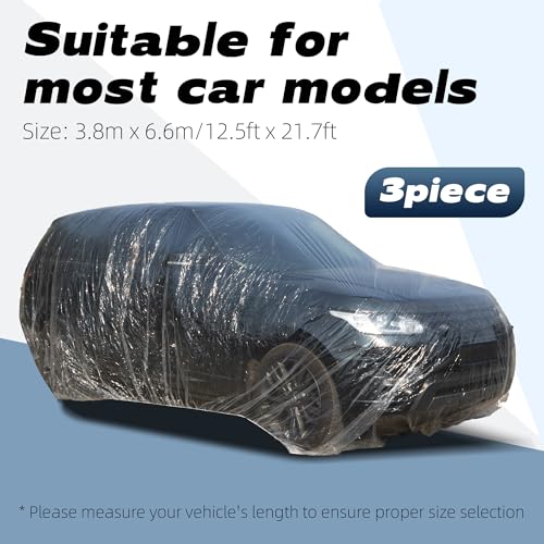 Image of 3-Pack Disposable Plastic Car Covers - Universal Waterproof, Dustproof & Transparent Protective Cover for Sedan, SUV with Elastic Band (12.5ft x 21.7ft)