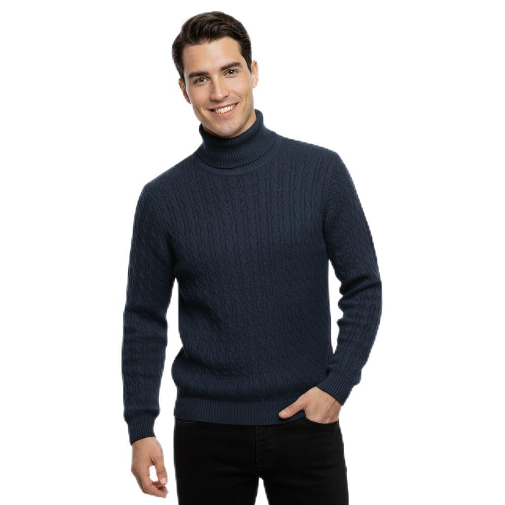 Party HuB Mens Cable Knitted High Neck Jumper – Warm Turtleneck Sweater, Thick Chunky Knit Pullover, Soft Thermal Knitwear Navy