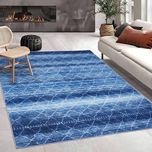 Cozyloom Geometric Rug, Modern Cross Lines Area Rug Abstract Distressed Floor Mat Indoor Vintage Thin Rug Chenille Non-Slip Carpet For Living Room Bedroom Dining Room Entry Blue 4 X 6 Ft #TOP3