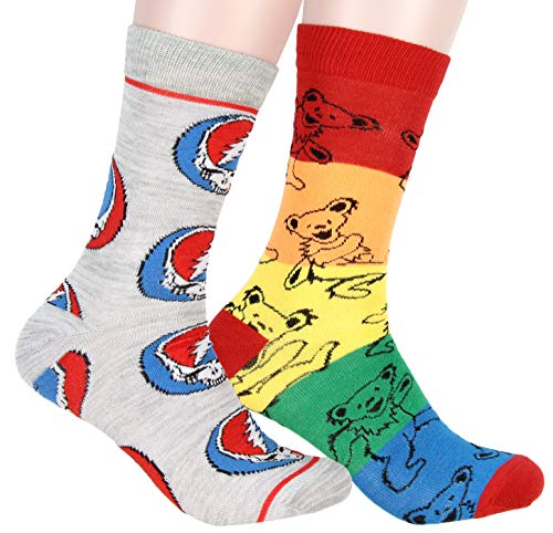 Grateful Dead Steal Your Face and Rainbow Bear Adult Crew Socks 2 Pair
