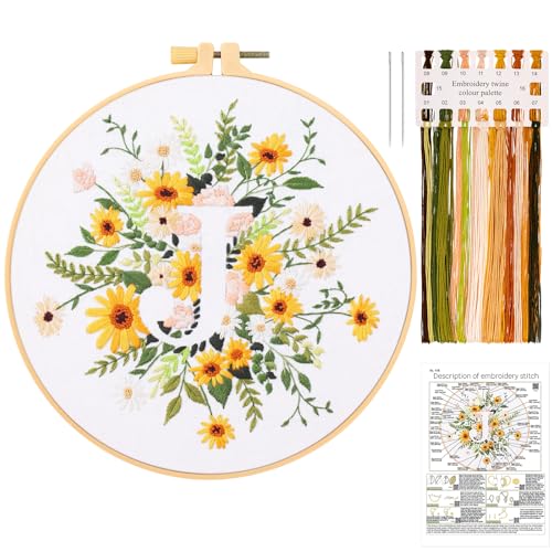 JSRQT Kit per Principianti Ricamo Starter con Lettera J, Fiore Punto Croce Stampato Kit Bambini Adulti, Artigianato Fatto a Mano con Strumento, Telaio per Ricamo, Ago e Fili