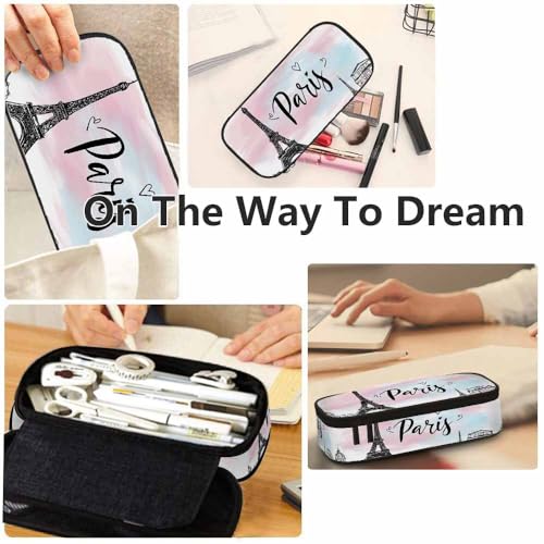 Image of Yekiua Eiffel Tower Pencil Holder Vintage Romantic Paris Flower Love Heart Big Capacity Pencil Case Multi-Purpose Makeup Pouch For Office College Adult Pink