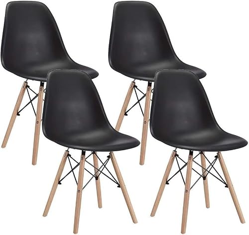 SMTE Modern Style Dining Chair Shell Plastic Chair with wooden legs - Set of 4 - Black with keychain