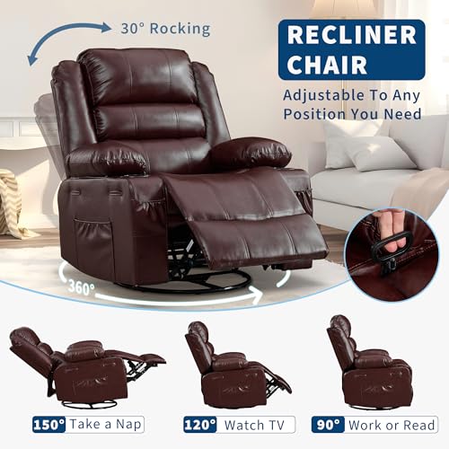 Image of Rocking Recliner Chair for Adults Manual Swivel Recliner Rocker with Cup Holders Leather Upholstered Comfy Single Sofa Chair for Living Room Bedroom Nursery Coffee-Colored