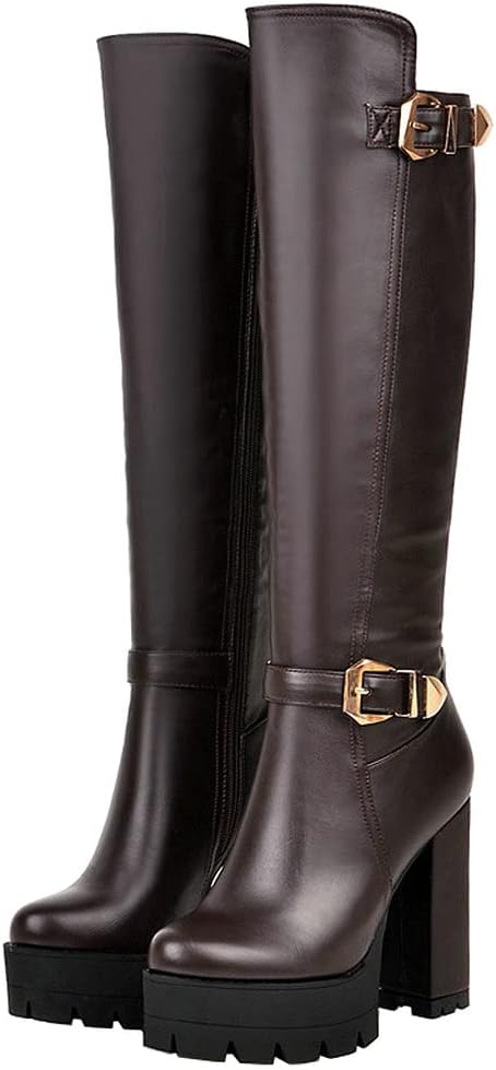 KOKOMOMO Womens Zip Up High Chunky Heel Knee High Platform Boots with Buckles