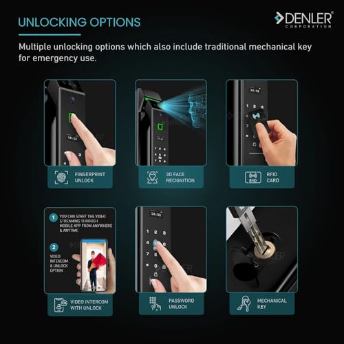 Image of Denler FLv2 8-in-1 Smart Door Lock | 3D Face ID | Fingerprint | App Unlock | LCD Camera | Inbuilt Wi-Fi | Alexa & Google Support | Android & iPhone | RFID | PIN | Key