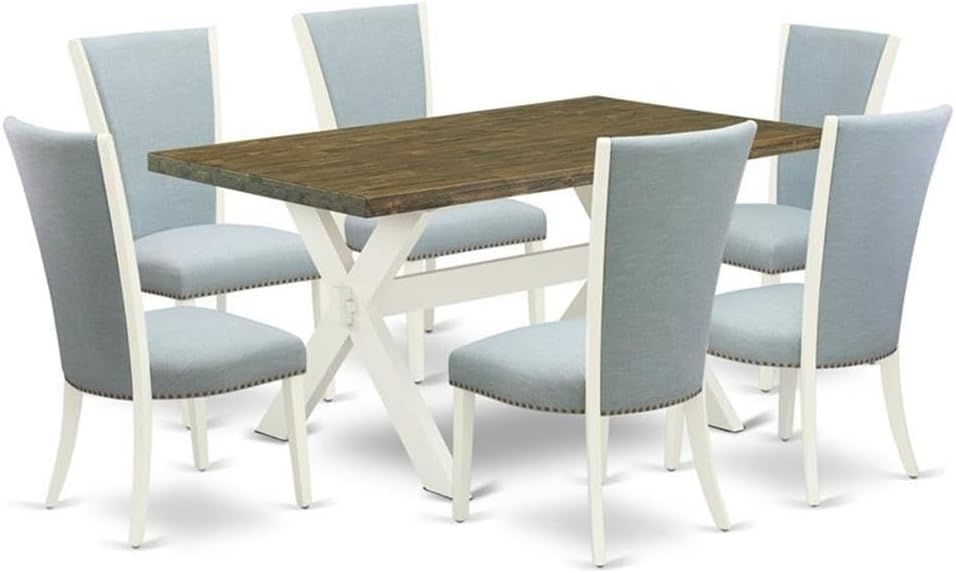East West Furniture V076VE215-5 5 Piece Dining Room Furniture Set Includes a Rectangle Dining Table with V-Legs and 4 Baby Blue Linen Fabric Parsons Chairs, 36x60 Inch, Multi-Color