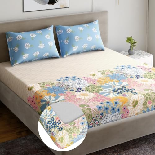 Image of Home Ecstasy 100% Cotton King Fitted Bedsheet with 2 Pillow Covers - (Size 72 x 78 inches, 140 TC, Colour - Light Blue)