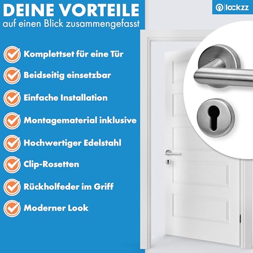 lockzz Türgriff Drückergarnitur Würzburg, Edelstahl matt gebürstet, Türbeschlag für Wohnungseingangstüren beidseitig Drücker, Rund-Rosette, L-Form, PZ - Profilzylinder